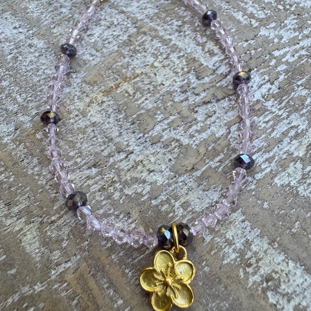 New Handmade Crystal Pink and Purple beaded Floral Charm Bracelet